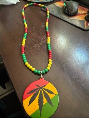 Rasta Beaded Necklace with Leaf Pendant